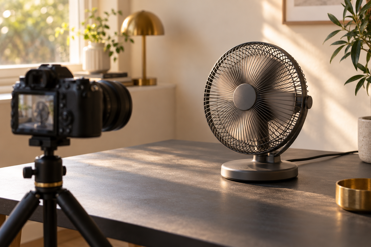Illustrative camera and guarded fan setup for a shutter speed exercise