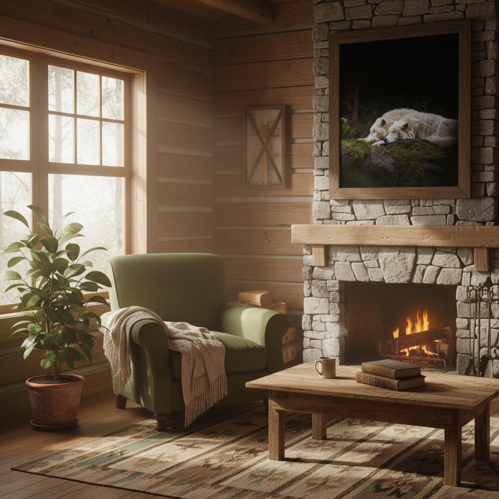 Framed wildlife photograph displayed above a fireplace in a warm living room
