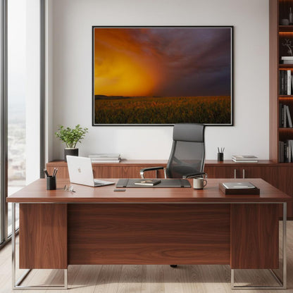 Between Fire and Storm fine art landscape print displayed in a modern office setting — atmospheric wall art by Joseph Hubbard