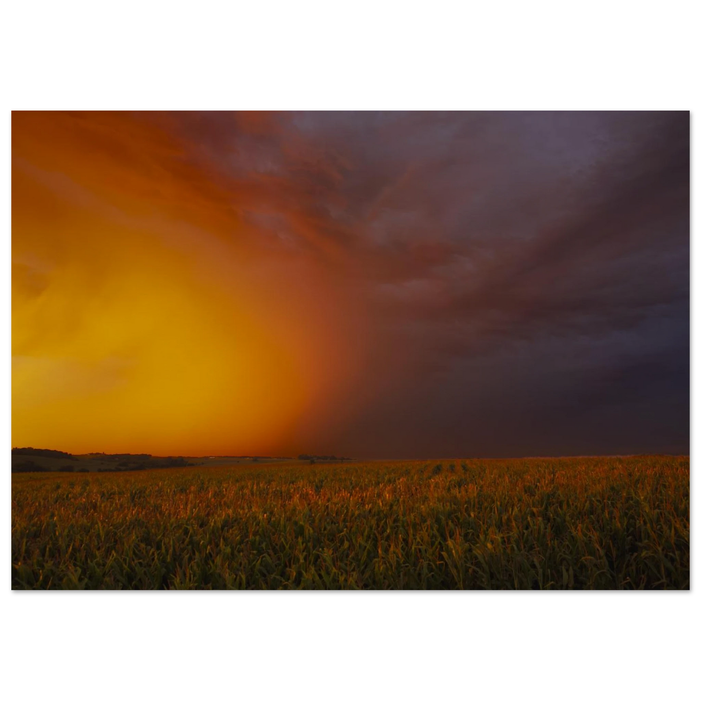 Between Fire and Storm fine art landscape print shown from a side angle on a wall — atmospheric artwork by Joseph Hubbard.
