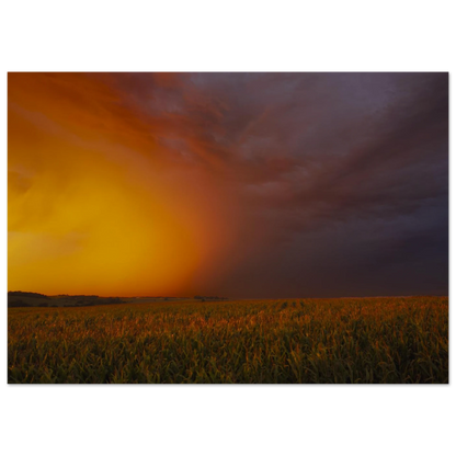 Between Fire and Storm fine art landscape print shown from a side angle on a wall — atmospheric artwork by Joseph Hubbard.