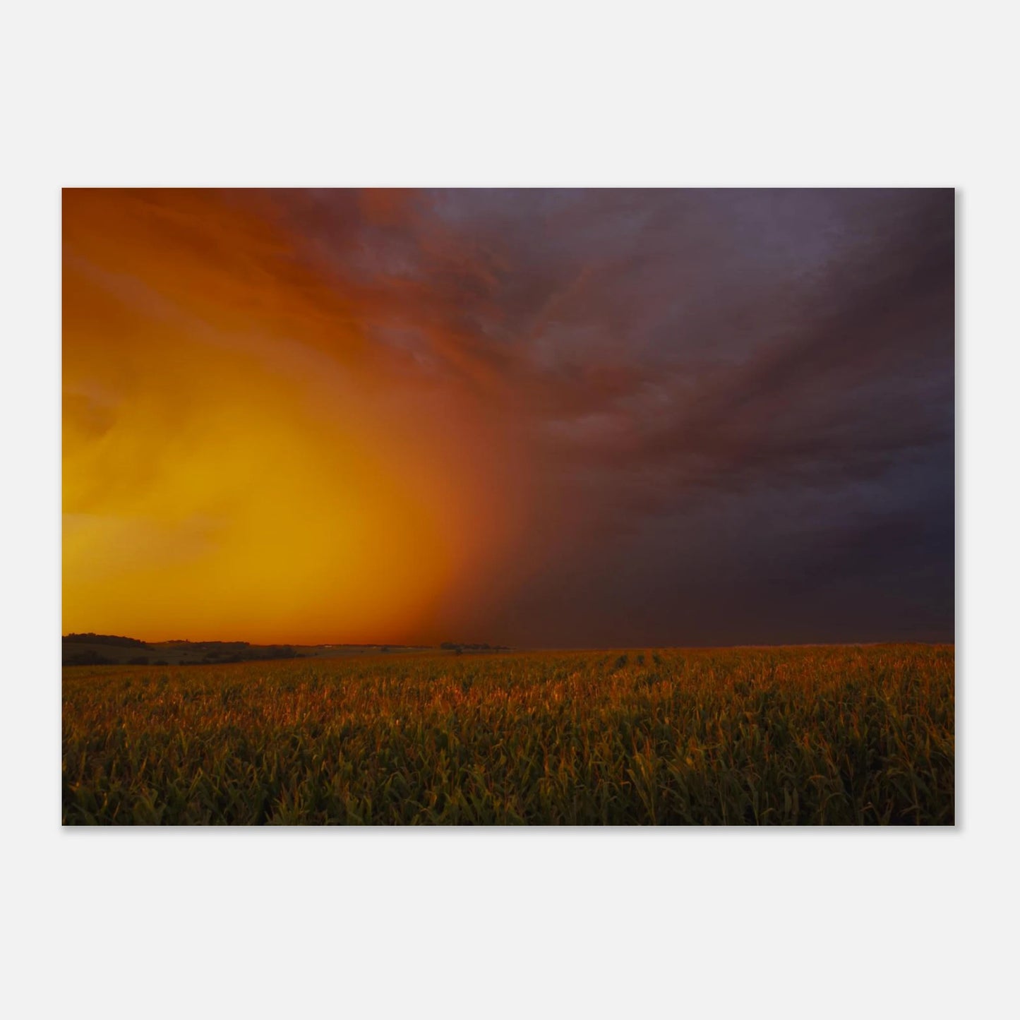 Between Fire and Storm fine art landscape print hanging on a clean wall — serene landscape artwork by Joseph Hubbard