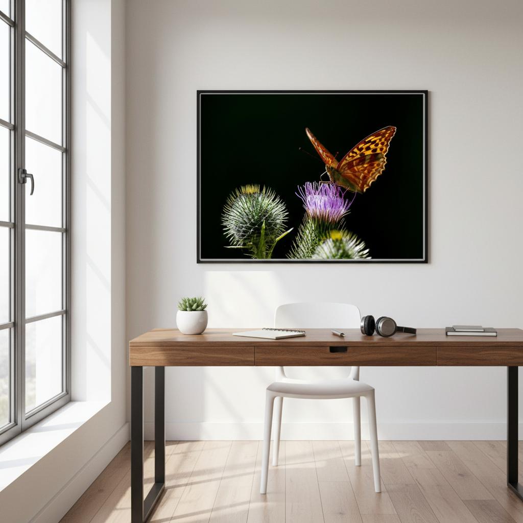 Golden Wings on Thistle fine art macro print displayed in a modern office setting — refined nature wall art by Joseph Hubbard