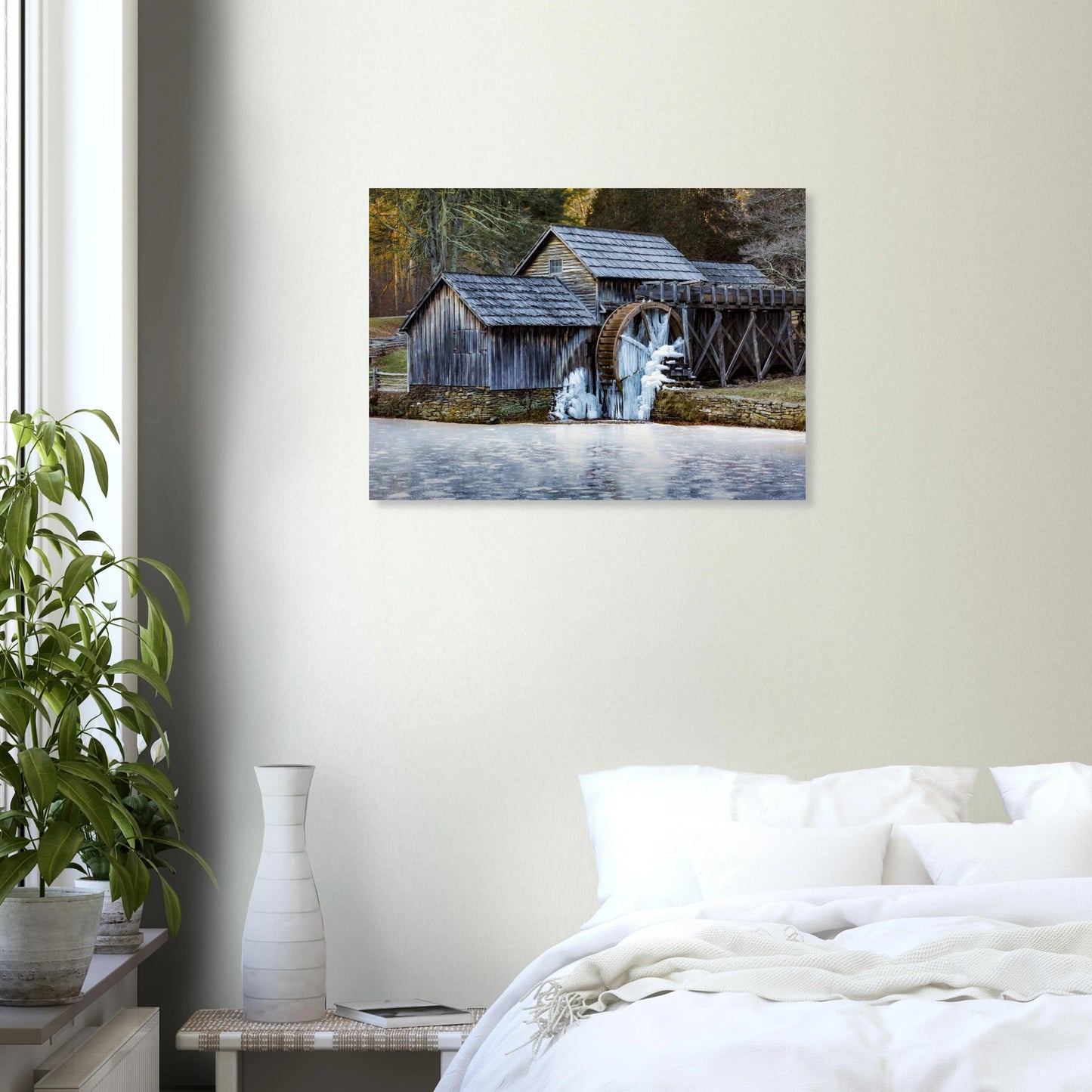 Mabry Mill in Winter – fine art print bedroom mockup, landscape wall art by Joseph Hubbard