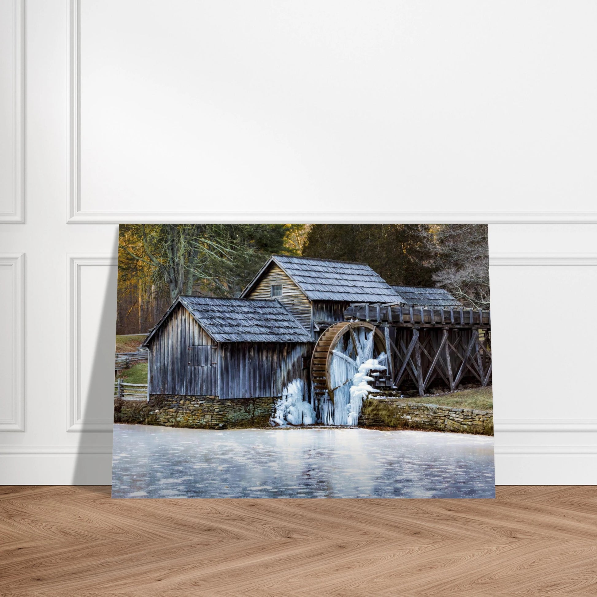 Mabry Mill in winter fine art print leaning against a wall on the floor — atmospheric landscape artwork by Joseph Hubbard.