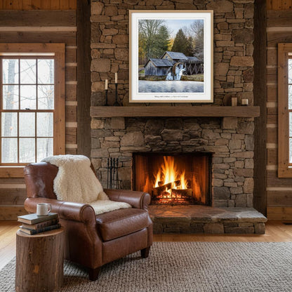 Mabry Mill in winter fine art print displayed in a rustic living room — atmospheric landscape wall art by Joseph Hubbard