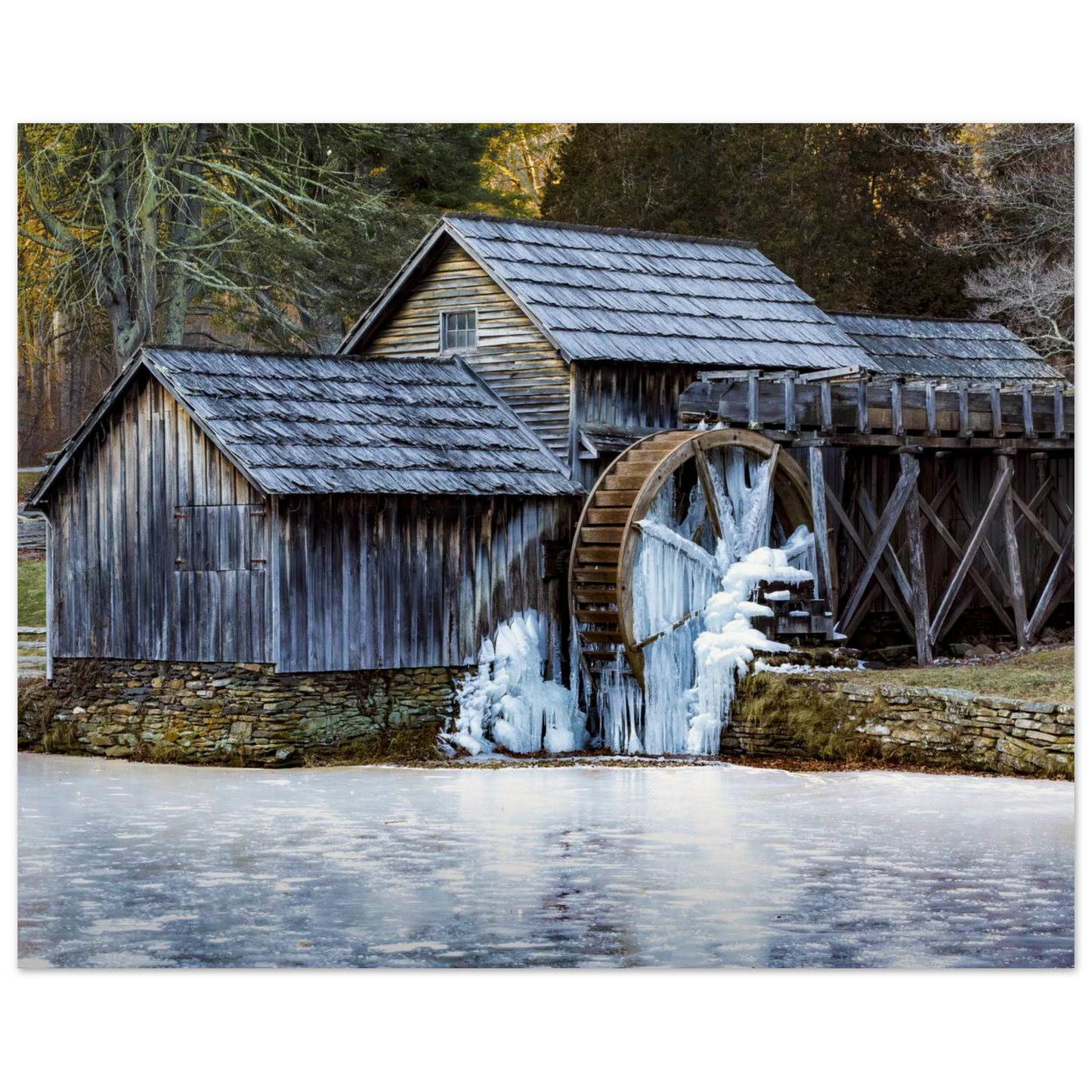 Fine art print of Mabry Mill in winter displayed on a minimalist wall — calm and refined landscape art by Joseph Hubbard