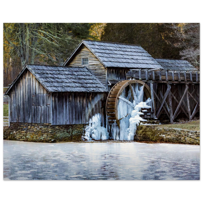 Fine art print of Mabry Mill in winter displayed on a minimalist wall — calm and refined landscape art by Joseph Hubbard