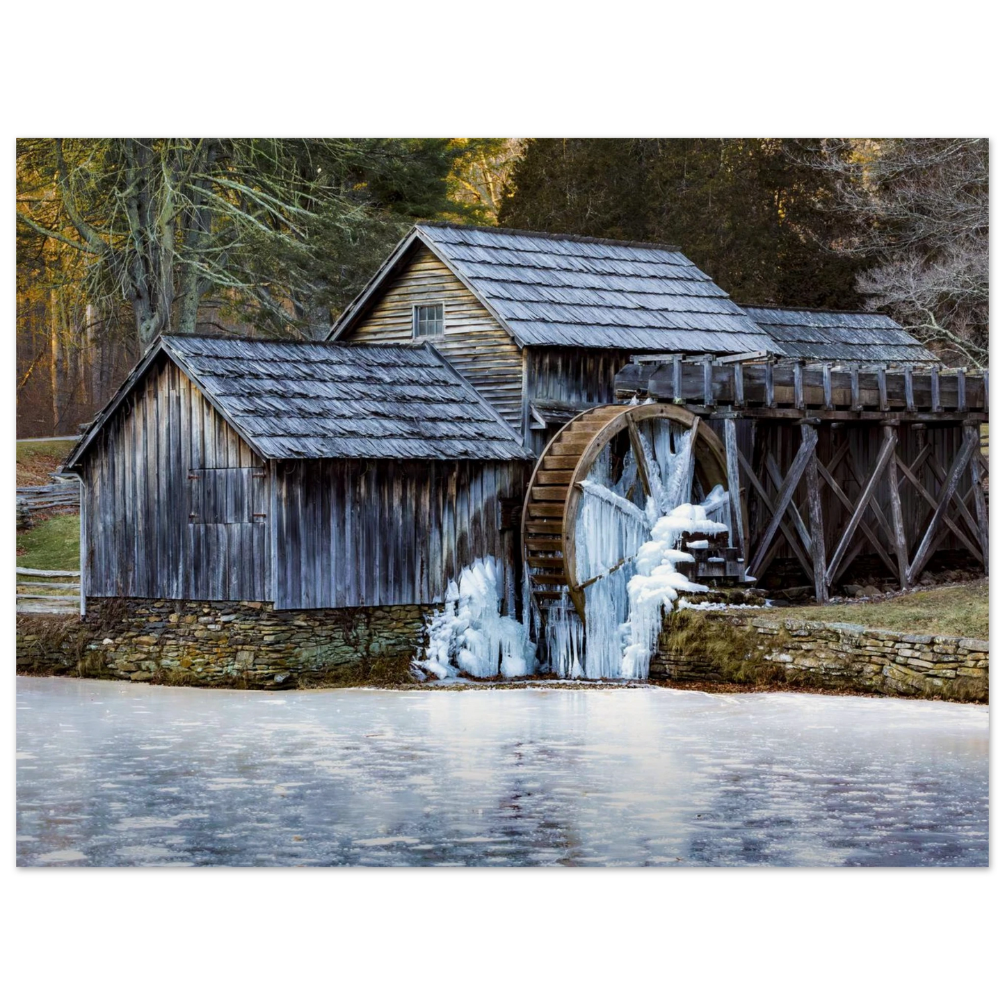 Mabry Mill in winter fine art print shown from a soft side angle on a clean wall — atmospheric landscape artwork by Joseph Hubbard