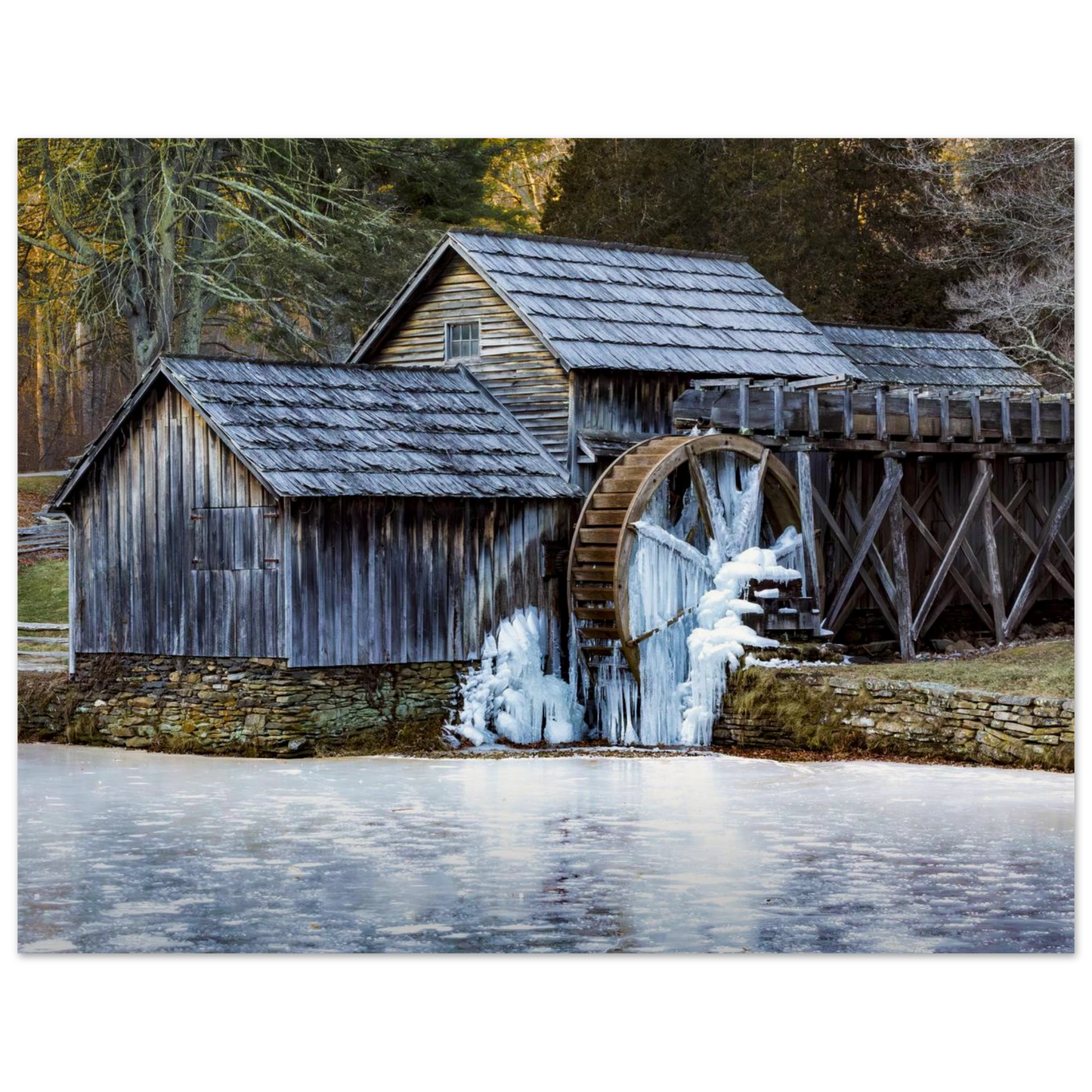 Mabry Mill in Winter fine art print displayed on a clean wall — soft, atmospheric landscape artwork by Joseph Hubbard