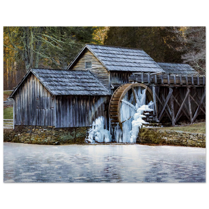 Mabry Mill in Winter fine art print displayed on a clean wall — soft, atmospheric landscape artwork by Joseph Hubbard