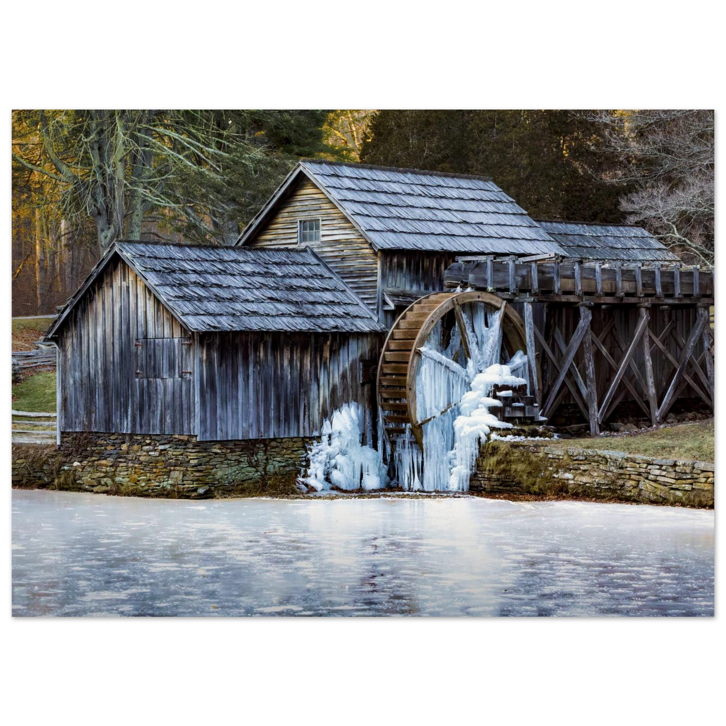Mabry Mill in winter fine art print hanging on a clean wall — atmospheric landscape artwork by Joseph Hubbard.