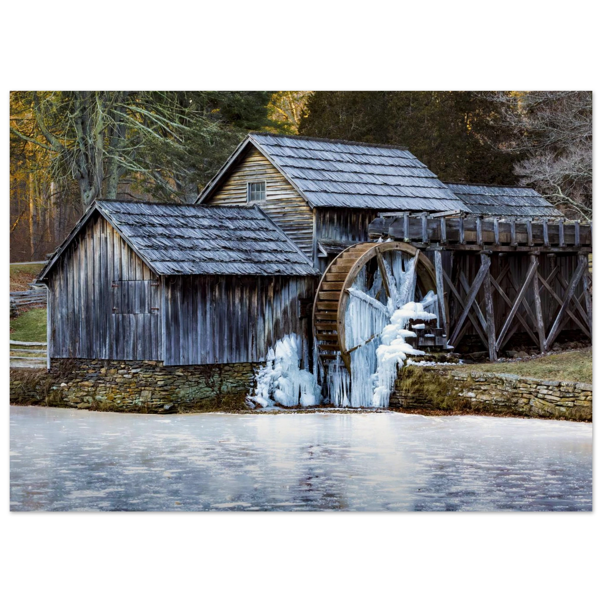 Mabry Mill in winter fine art print hanging on a clean wall — atmospheric landscape artwork by Joseph Hubbard.