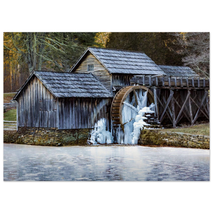 Mabry Mill in winter fine art print hanging on a clean wall — atmospheric landscape artwork by Joseph Hubbard.