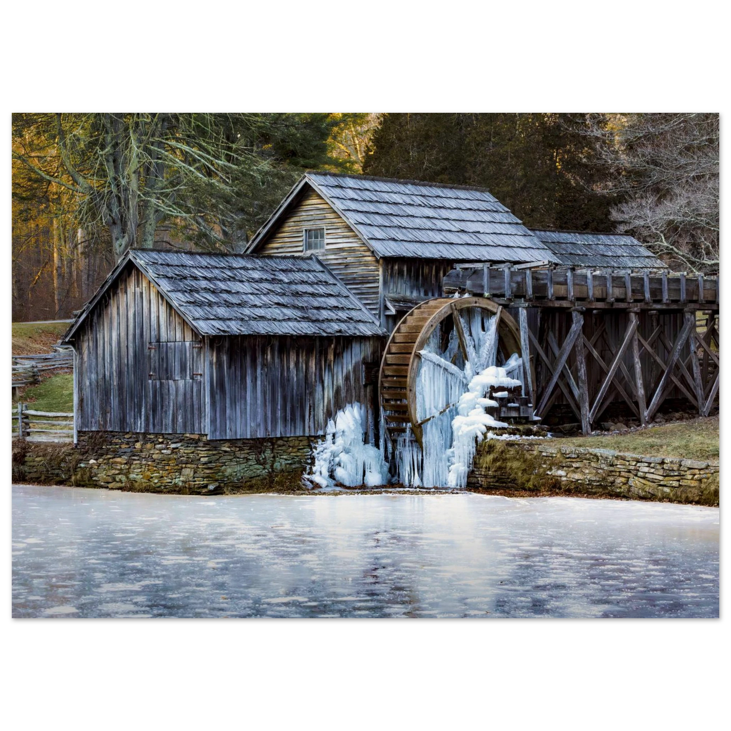 Mabry Mill in winter fine art print centered on a calm wall scene — refined landscape wall art by Joseph Hubbard