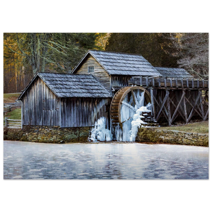 Mabry Mill in winter fine art print centered on a calm wall scene — refined landscape wall art by Joseph Hubbard