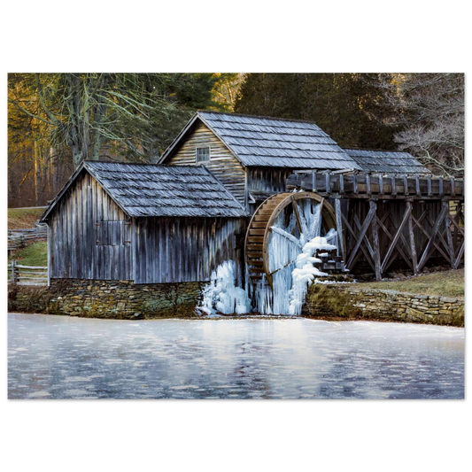 Mabry Mill in winter fine art print centered on a calm wall scene — refined landscape wall art by Joseph Hubbard