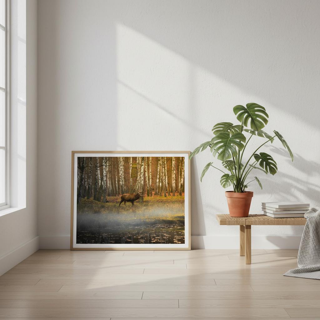 Silent Steps in the Autumn Mist fine art print leaning against a wall on the floor — refined landscape artwork by Joseph Hubbard