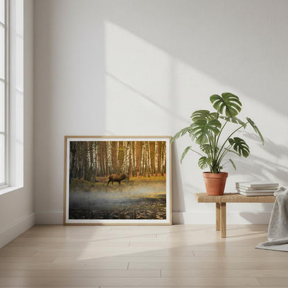 Silent Steps in the Autumn Mist fine art print leaning against a wall on the floor — refined landscape artwork by Joseph Hubbard