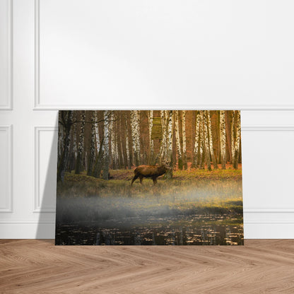 Silent Steps in the Autumn Mist fine art print resting against a wall — serene nature wall art by Joseph Hubbard