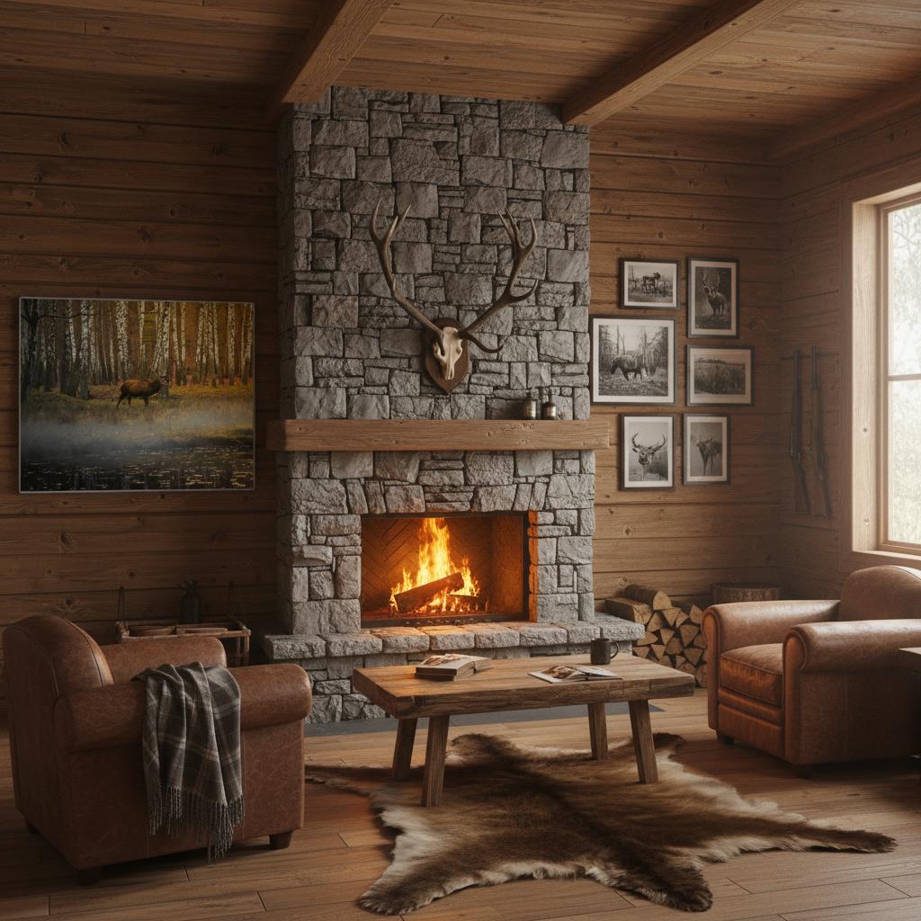 Silent Steps in the Autumn Mist fine art print displayed in a cozy cabin living room — atmospheric nature wall art by Joseph Hubbard