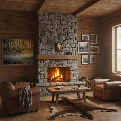 Silent Steps in the Autumn Mist fine art print displayed in a cozy cabin living room — atmospheric nature wall art by Joseph Hubbard
