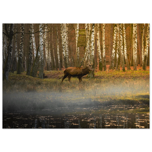 Silent Steps in the Autumn Mist fine art print displayed in a clean studio-style mockup — elegant nature artwork by Joseph Hubbard.