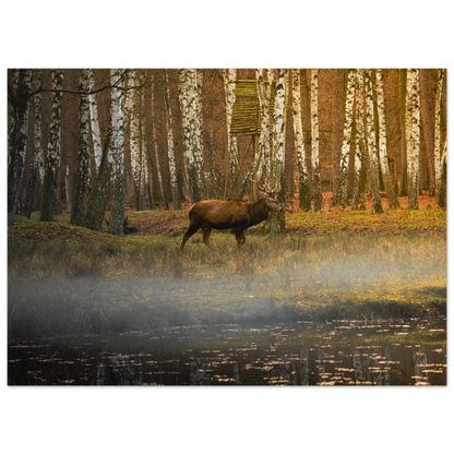 Silent Steps in the Autumn Mist fine art print shown in a simple studio mockup — refined nature artwork by Joseph Hubbard