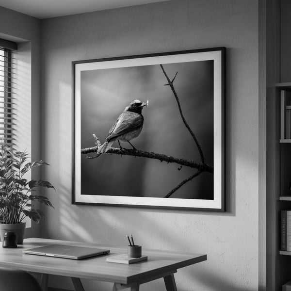 Minimalist black and white bird fine art photography print wall mounted on a branch in a calm interior setting