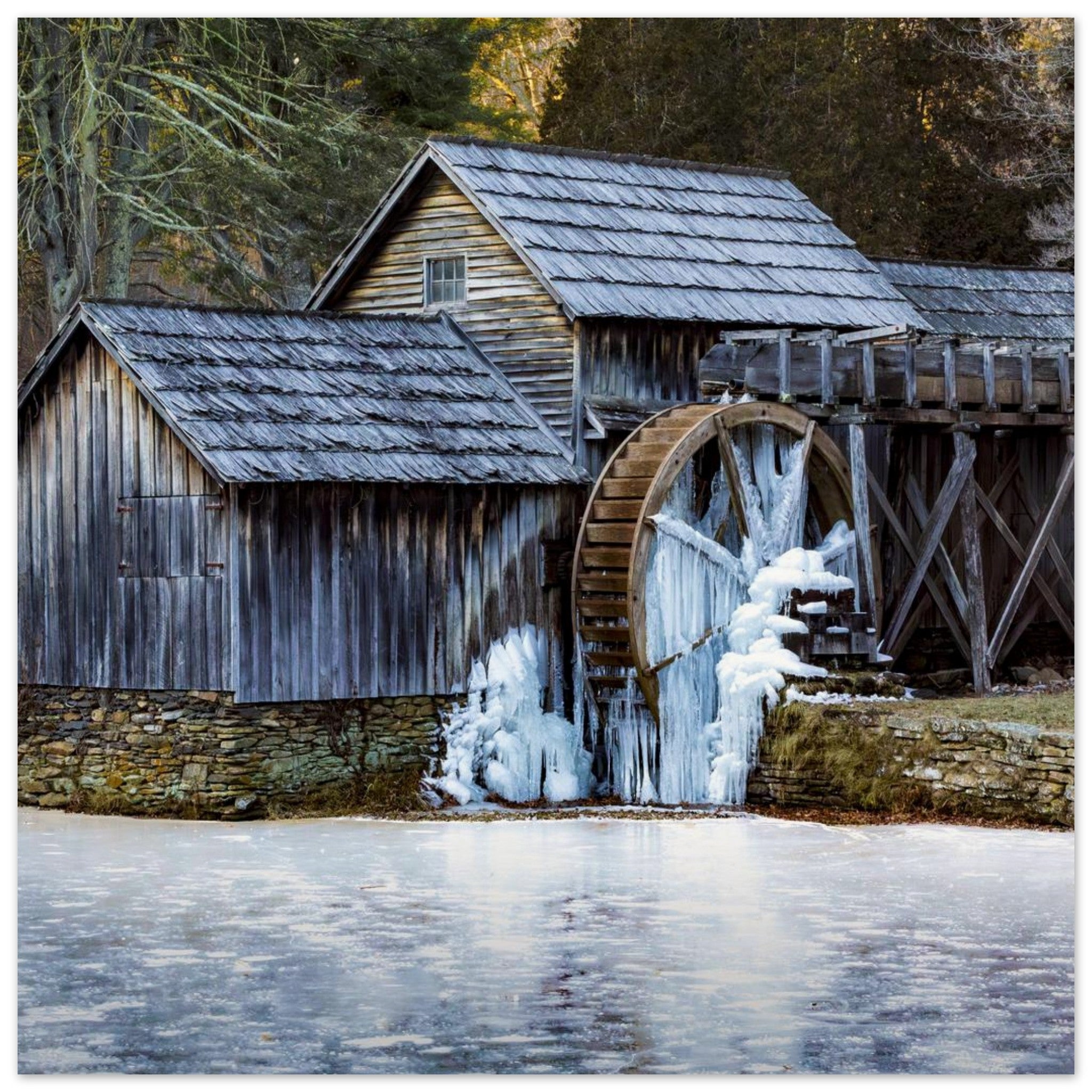 Hubbard Art by Joseph Hubbard Mabry Mill in Winter — Frozen Watermill Fine Art Landscape Photography Print 30x30 cm 12x12″