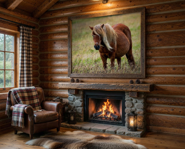 Little Pony After Storm — fine art photography print wall mounted in a rustic cabin interior, showing a small pony in soft natural light after rainfall