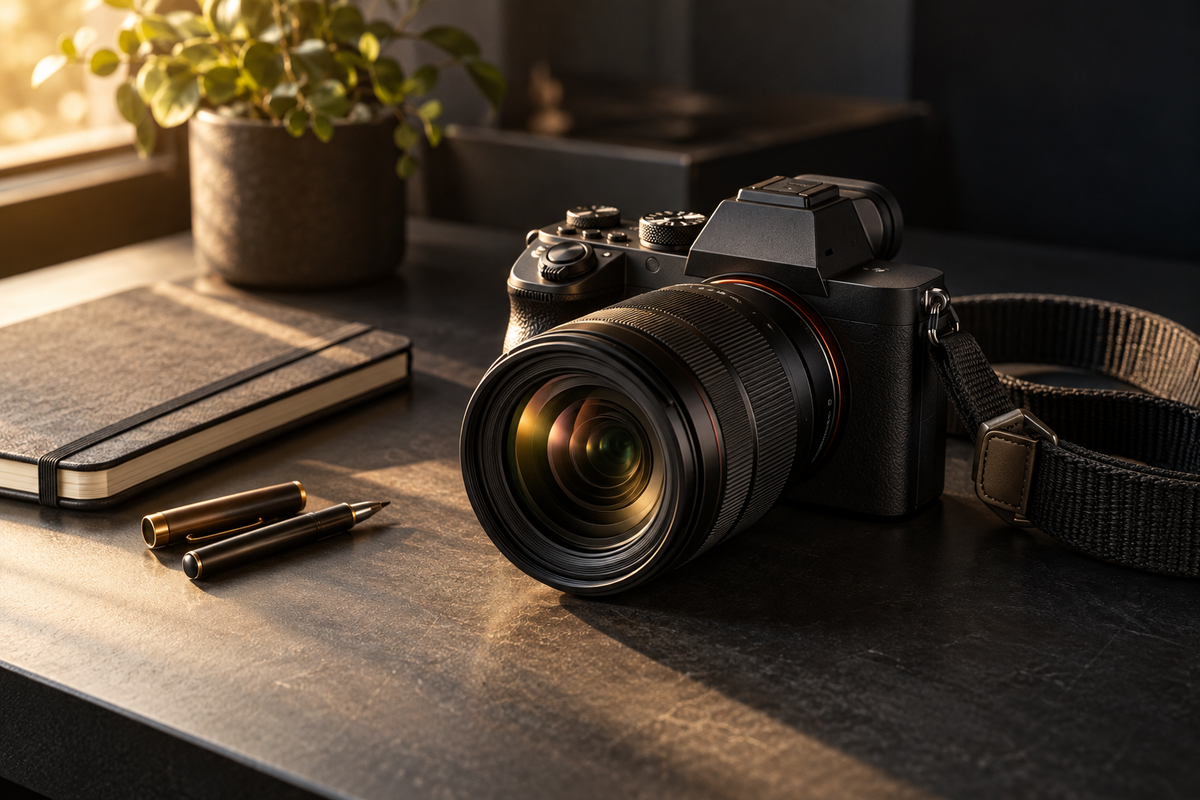 Illustrative camera and notebook in warm window light